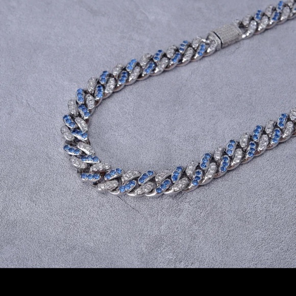 Custom 13mm 20’ White/Blue Moissanite Cuban chain heavy with 925s